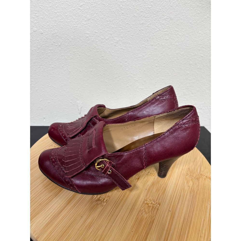 All Black Kiltie Loafer Pumps 38.5 Burgundy Leather Brogue‎ Buckle Heels 7.5-8 - Picture 5 of 15